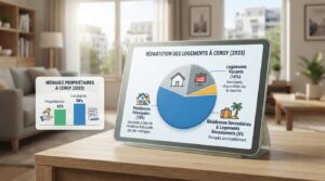 Graphique montrant la part des résidences principales, secondaires et logements vacants à Cergy en 2023.