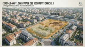 Illustration conceptuelle d’un quartier avec gare et pictogrammes vélo, sans chantier visible.