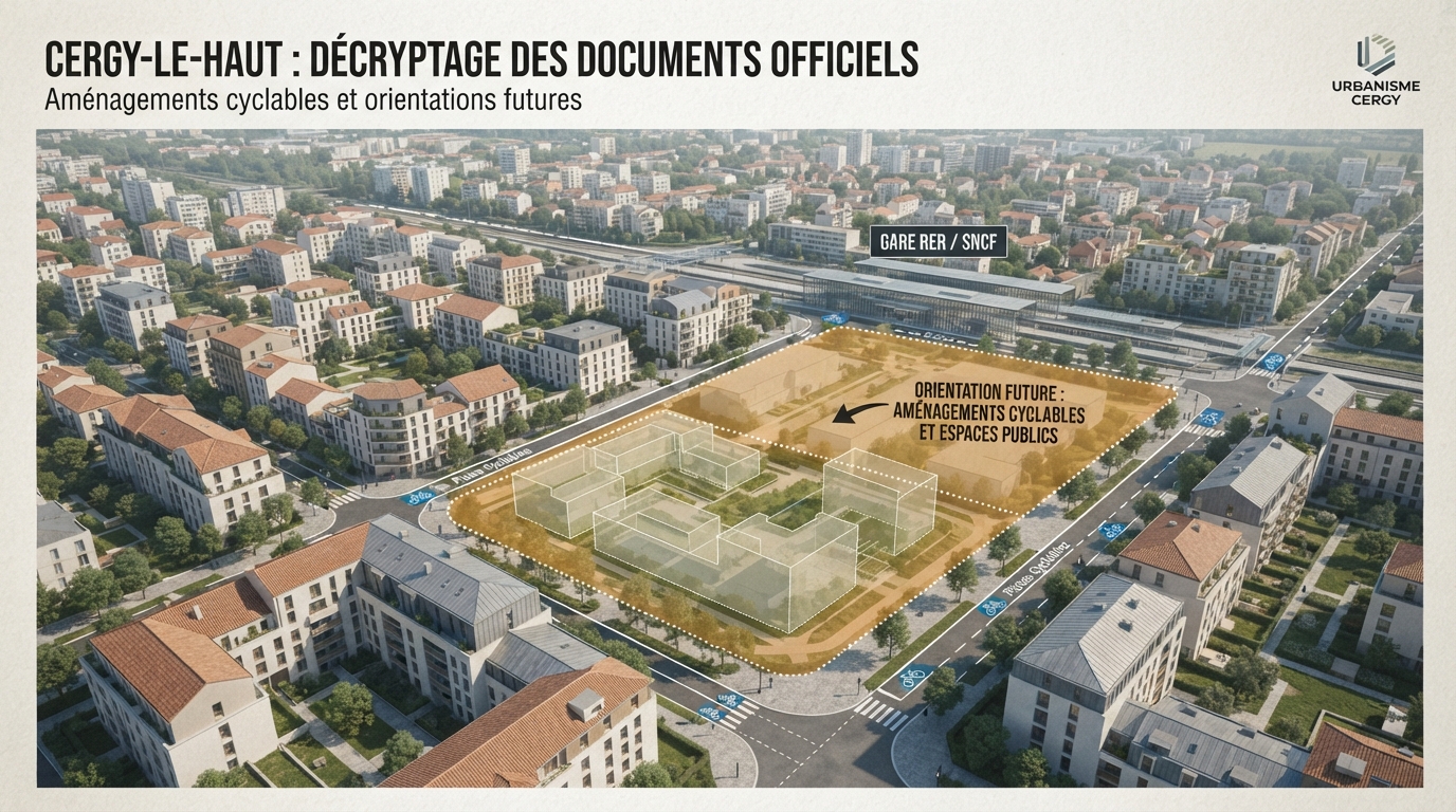 Illustration conceptuelle d’un quartier avec gare et pictogrammes vélo, sans chantier visible.