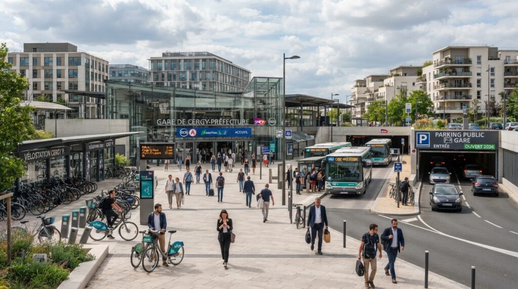 Vue animée d'un pôle multimodal avec gare, vélos, bus et parkings à Cergy-Préfecture