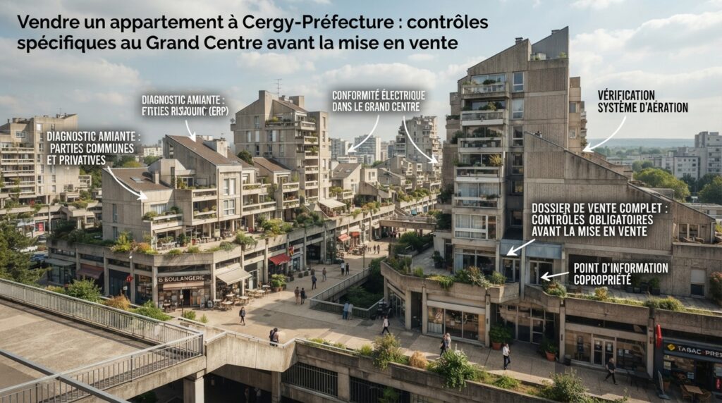 Illustration d’immeubles modernes sur dalle et d’un parvis animé à Cergy-Préfecture