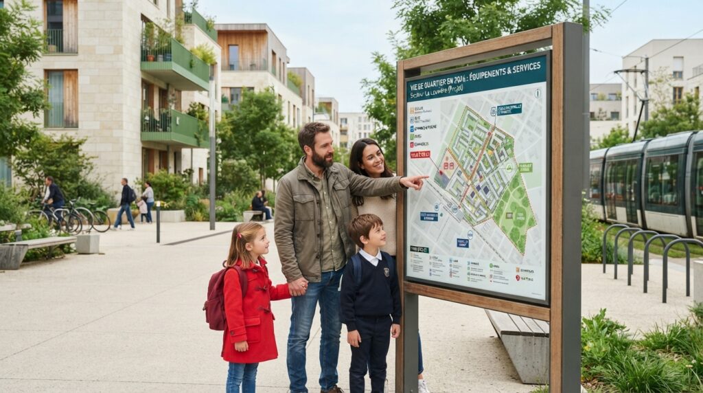 Famille consultant un plan de quartier avec écoles, gare et équipements sportifs dans un environnement urbain moderne.