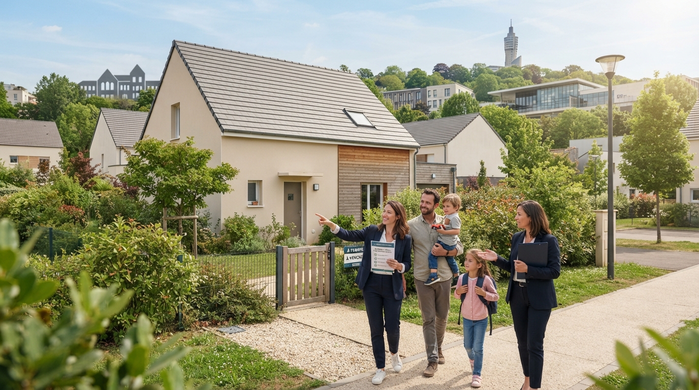 Famille devant une maison avec jardin, école et gare en arrière-plan, quartier résidentiel moderne.