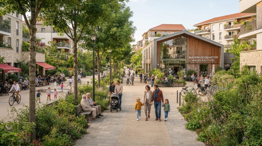 Vue animée d'une place et d'une promenade arborée à Cergy-le-Haut avec habitants et maison de quartier.